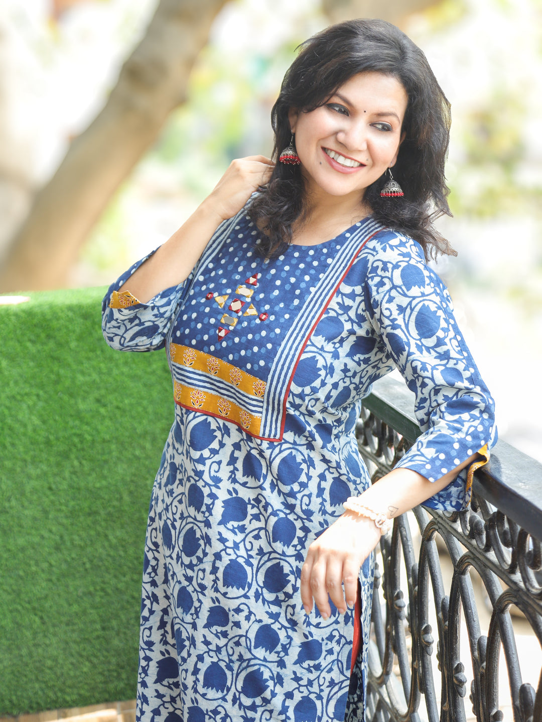 Kajal Stone Blue Floral Dabu Printed Cotton Kurti
