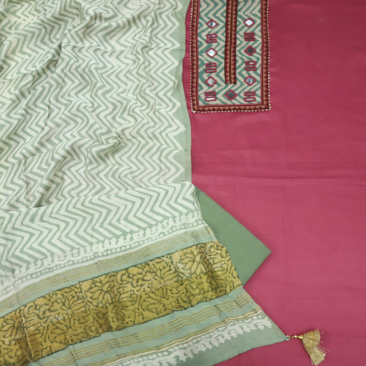 Farnaz Punch Pink Mirror Work Cotton Top Suit with Gajji Silk Dupatta