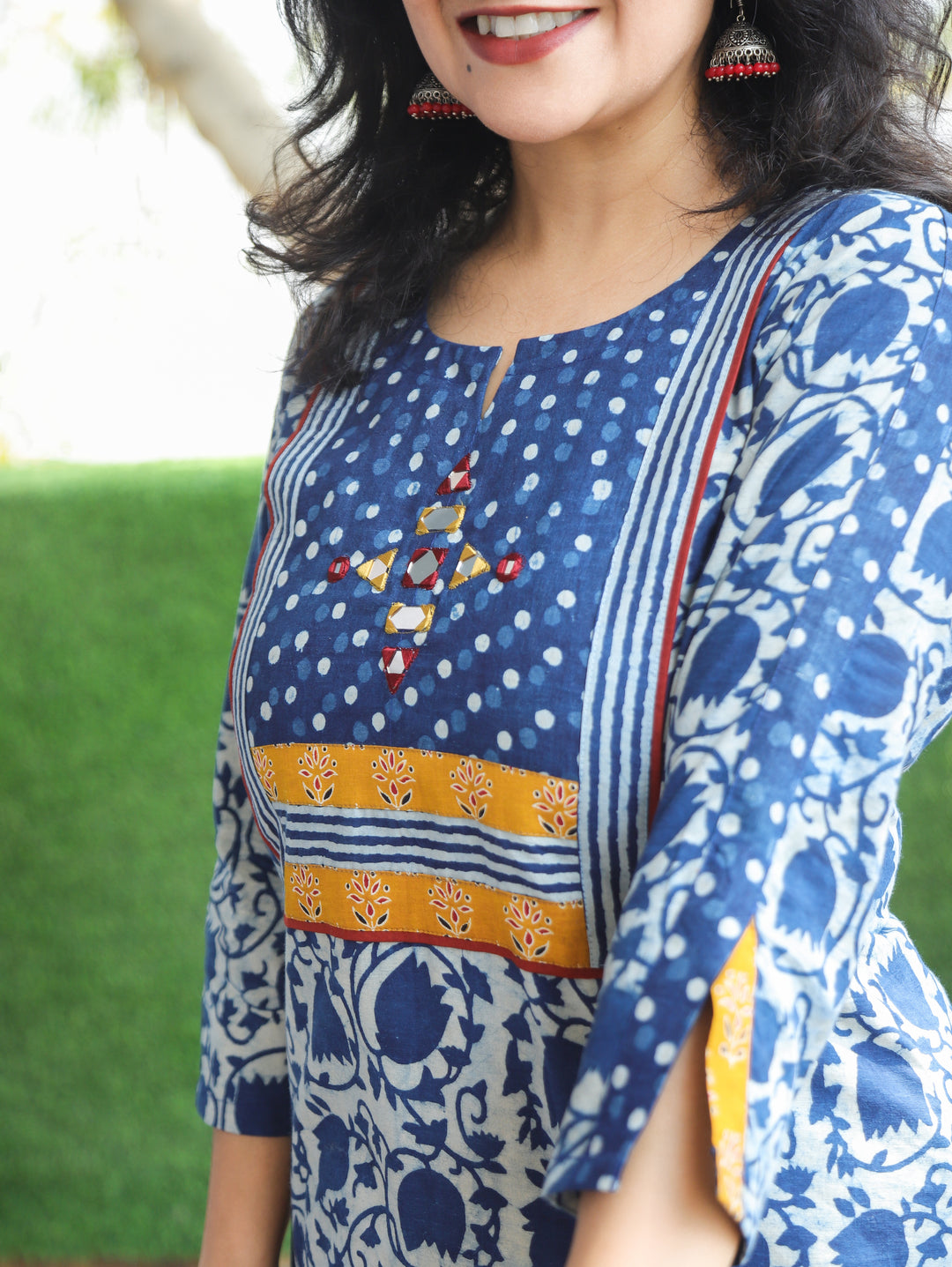 Kajal Stone Blue Floral Dabu Printed Cotton Kurti