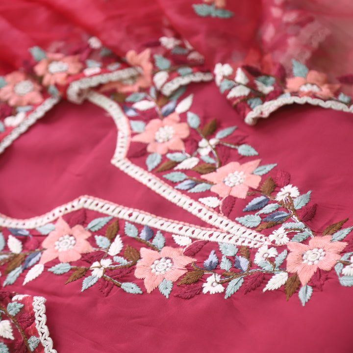 Riwayaat Cranberry Pink Chikankari inspired Neck Work Modal Suit Set