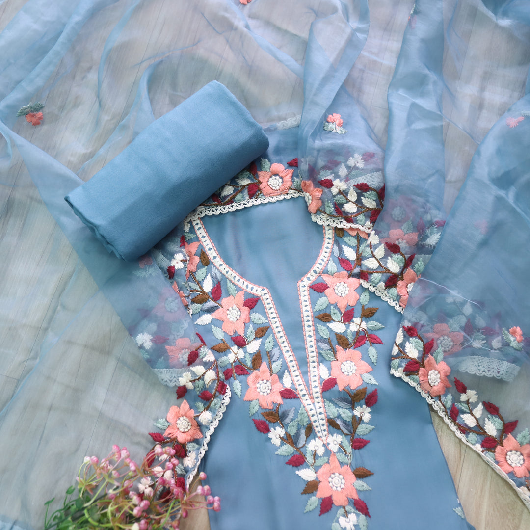 Riwayaat Sapphire Blue Chikankari inspired Neck Work Modal Suit Set