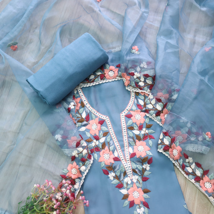 Riwayaat Sapphire Blue Chikankari inspired Neck Work Modal Suit Set