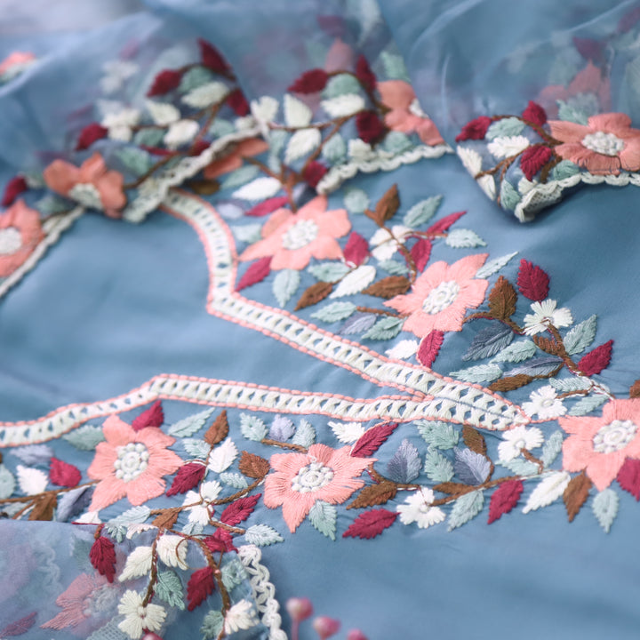 Riwayaat Sapphire Blue Chikankari inspired Neck Work Modal Suit Set