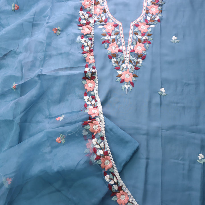 Riwayaat Sapphire Blue Chikankari inspired Neck Work Modal Suit Set
