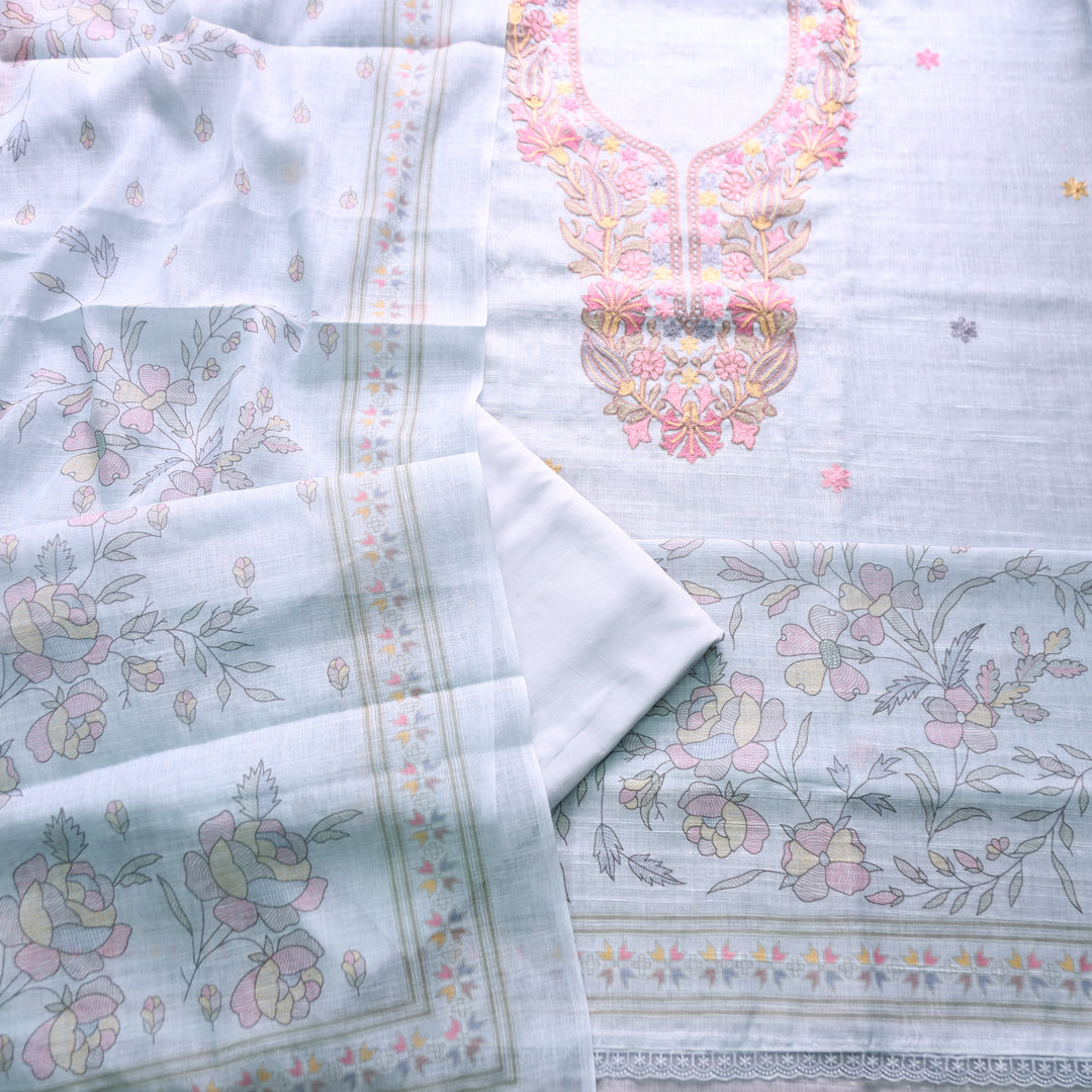 Bloom Powder Blue Kashida Embroidered Cotton Linen Set