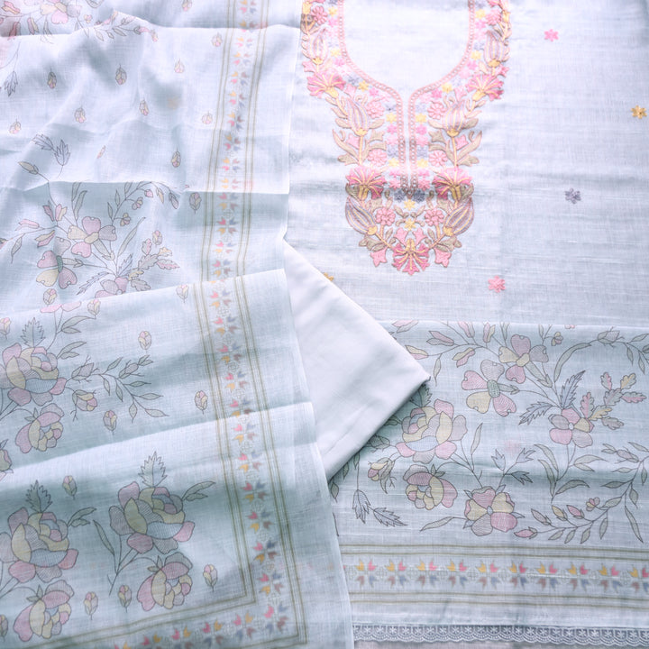 Bloom Powder Blue Kashida Embroidered Cotton Linen Set