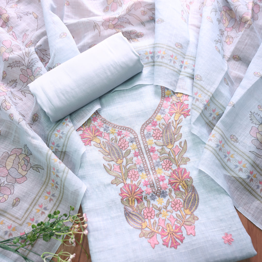 Bloom Powder Blue Kashida Embroidered Cotton Linen Set