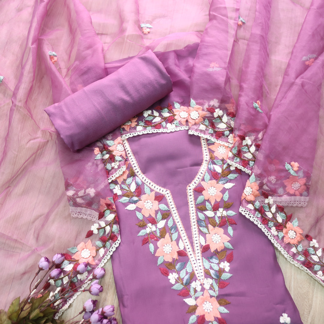 Riwayaat Violet Purple Chikankari inspired Neck Work Modal Suit Set