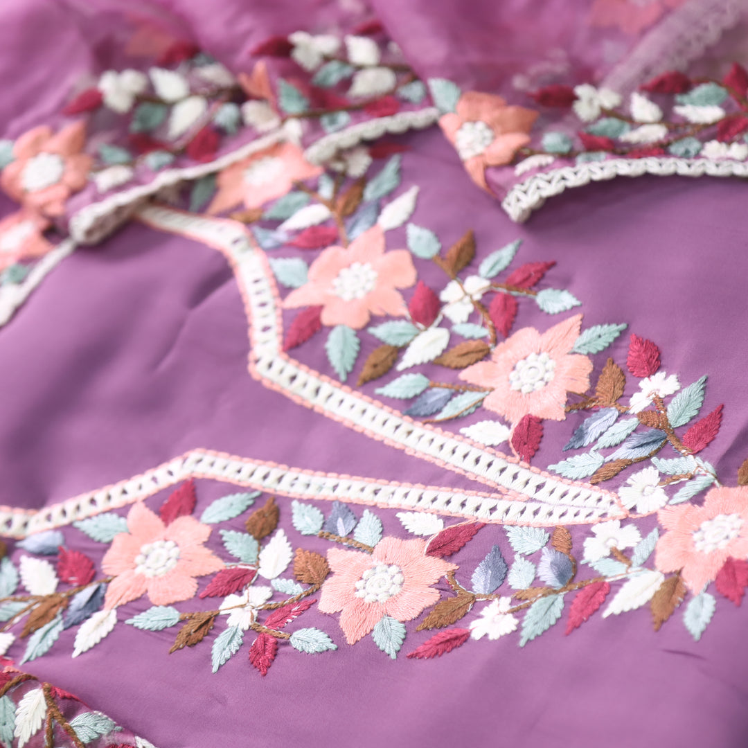 Riwayaat Violet Purple Chikankari inspired Neck Work Modal Suit Set