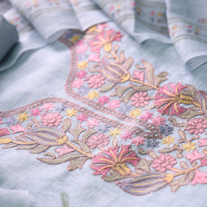 Bloom Powder Blue Kashida Embroidered Cotton Linen Set