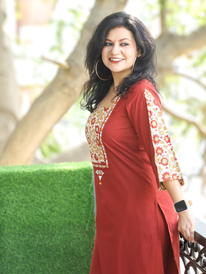 Payal Velvety Maroon with Kalamkari Printed Yoke and Mirror Work Cotton Kurti