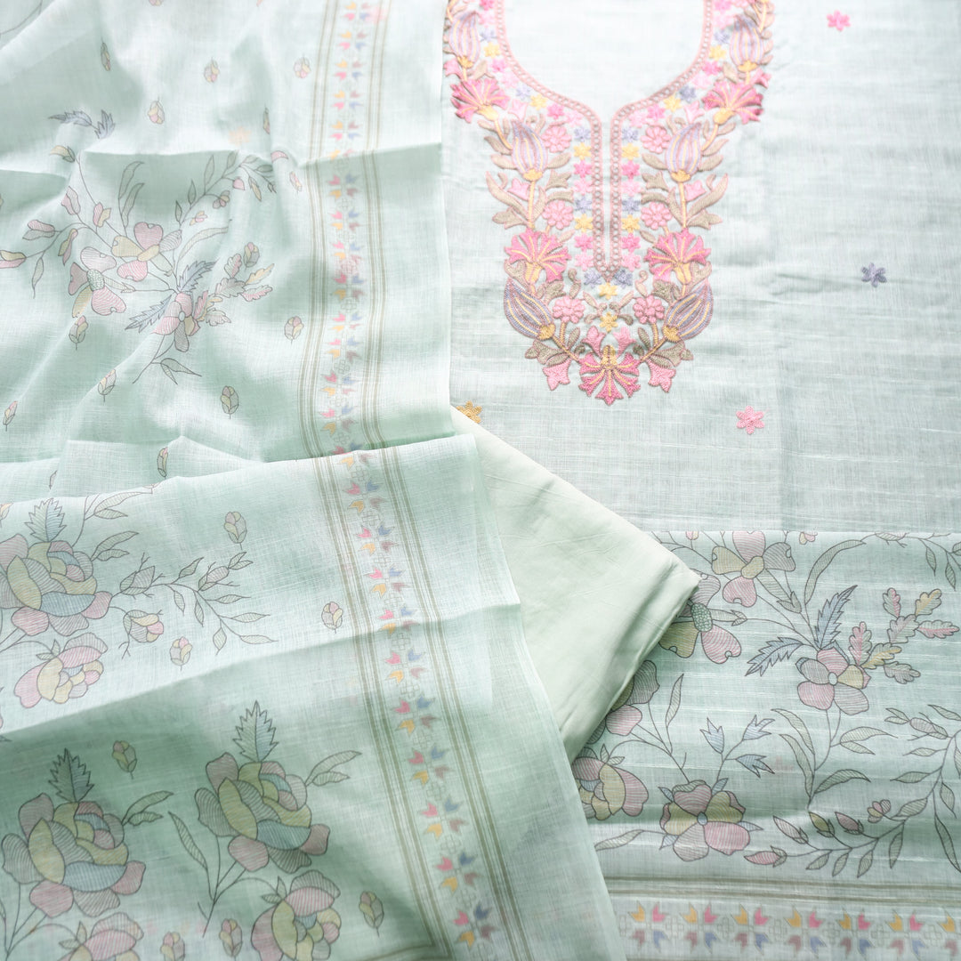Bloom Mint Green Kashida Embroidered Cotton Linen Set