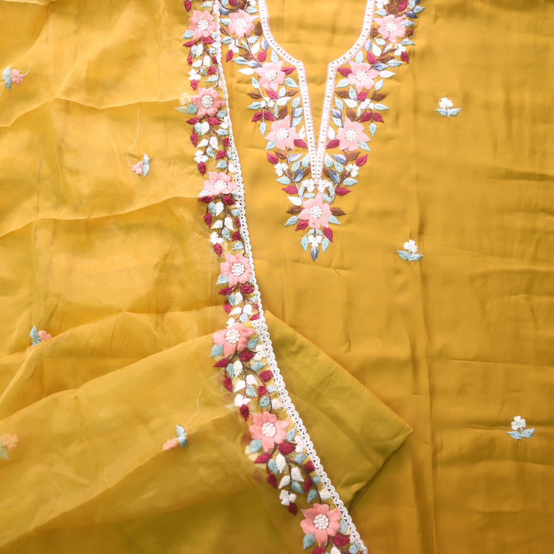Riwayaat Dandelion Yellow Chikankari inspired Neck Work Modal Suit Set