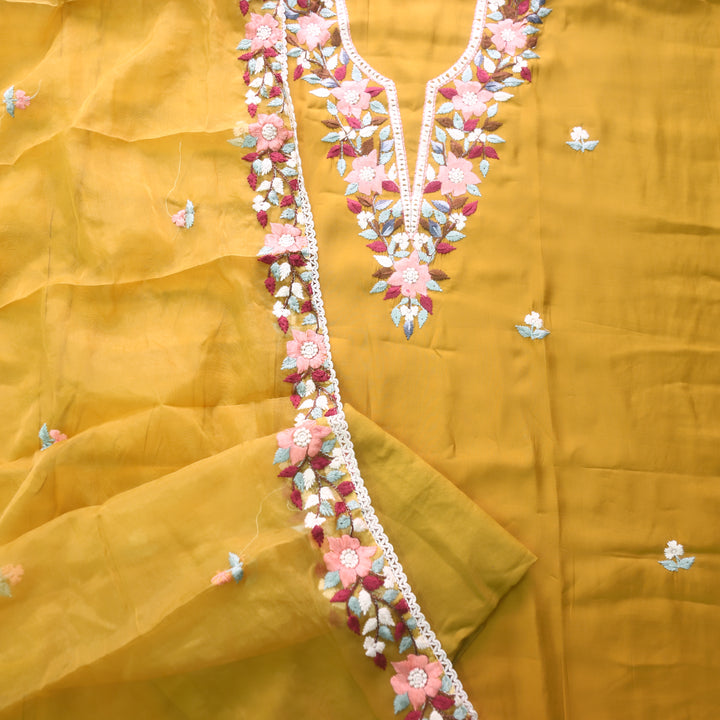Riwayaat Dandelion Yellow Chikankari inspired Neck Work Modal Suit Set