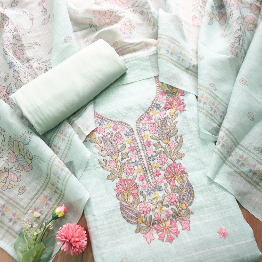 Bloom Mint Green Kashida Embroidered Cotton Linen Set