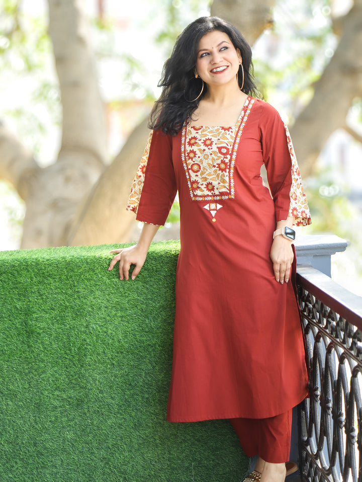 Payal Velvety Maroon with Kalamkari Printed Yoke and Mirror Work Cotton Kurti
