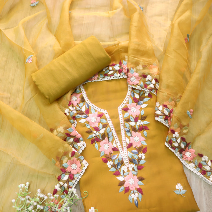 Riwayaat Dandelion Yellow Chikankari inspired Neck Work Modal Suit Set