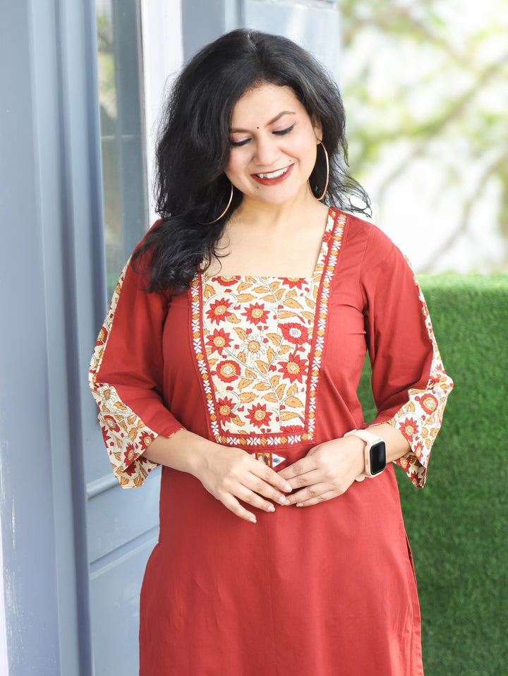 Payal Velvety Maroon with Kalamkari Printed Yoke and Mirror Work Cotton Kurti