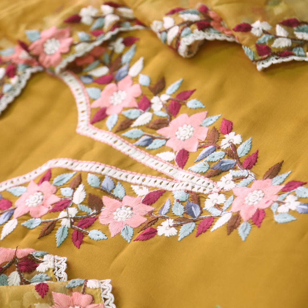 Riwayaat Dandelion Yellow Chikankari inspired Neck Work Modal Suit Set
