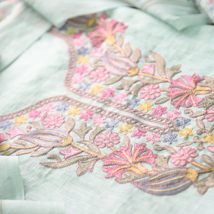 Bloom Mint Green Kashida Embroidered Cotton Linen Set