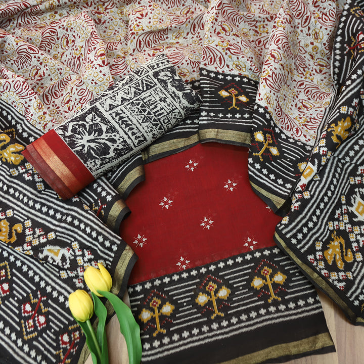 Saatvi Bride Red Ikkat Printed Hemline Mul Chanderi Set