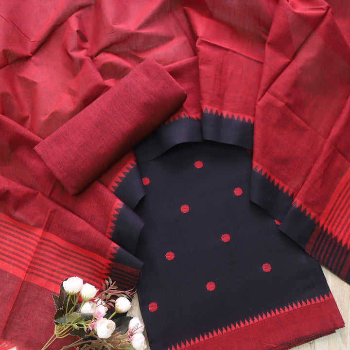 Falaq Black with Red Thread Weaved Temple Hem South Cotton Suit Set