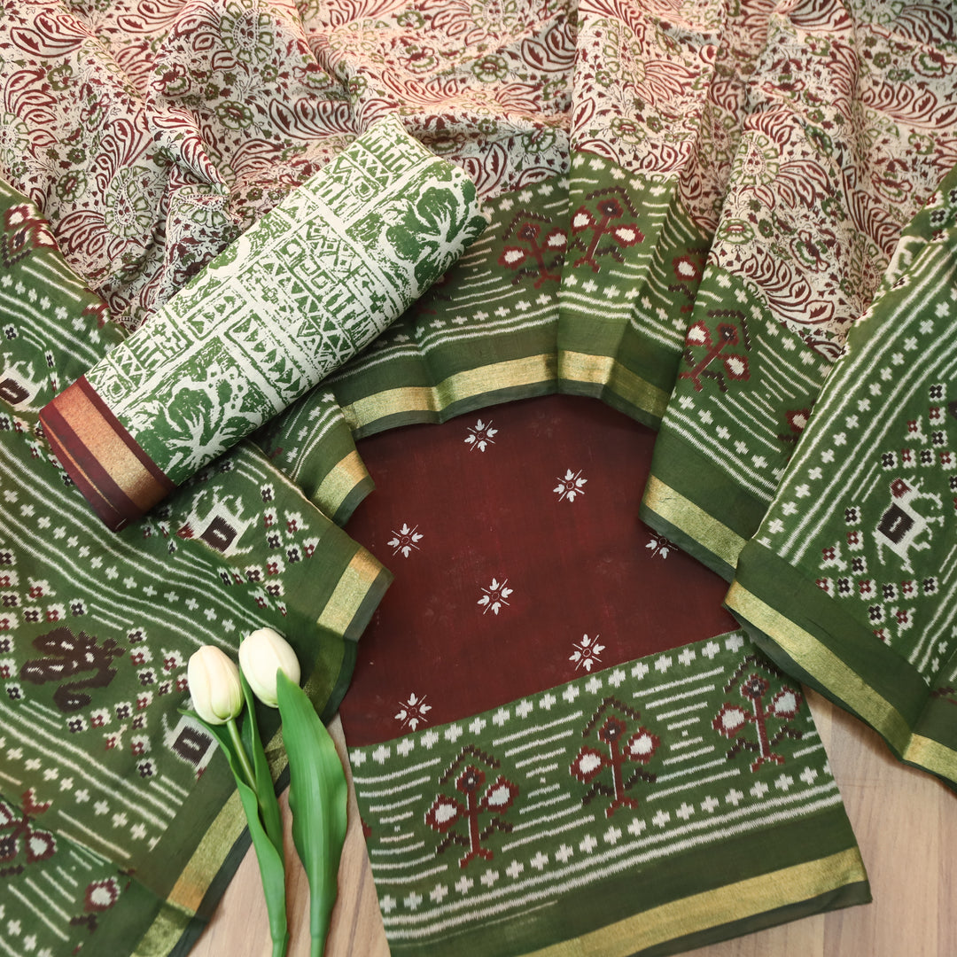 Saatvi Burgundy Maroon Ikkat Printed Hemline Mul Chanderi Set
