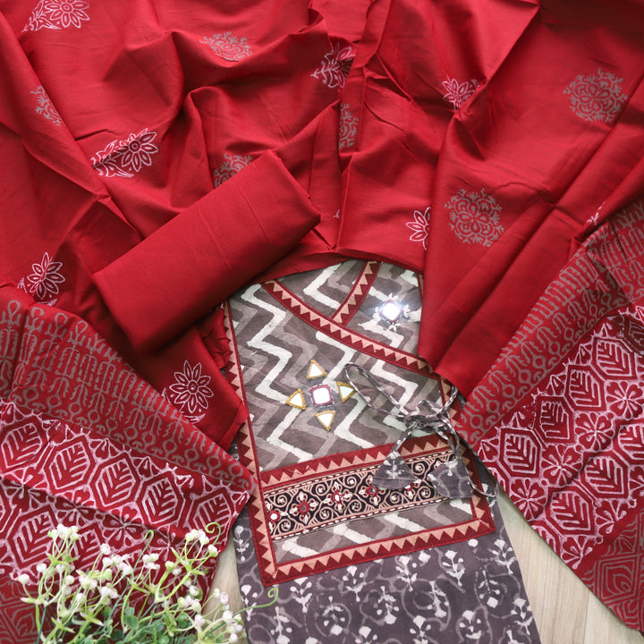 Khairiyat Tan Beige Angrakha Kutch Neck Work Cotton Suit Set D1