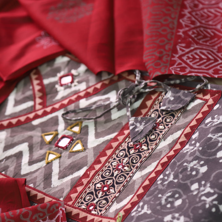 Khairiyat Tan Beige Angrakha Kutch Neck Work Cotton Suit Set D1