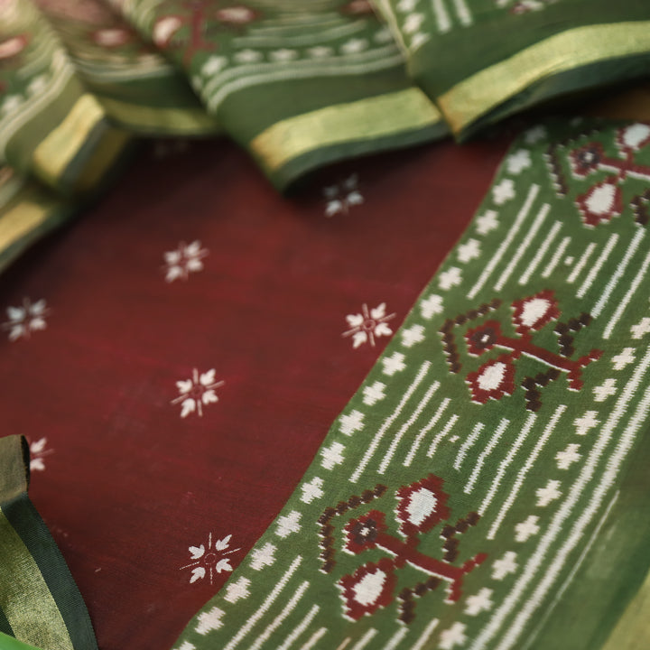 Saatvi Burgundy Maroon Ikkat Printed Hemline Mul Chanderi Set