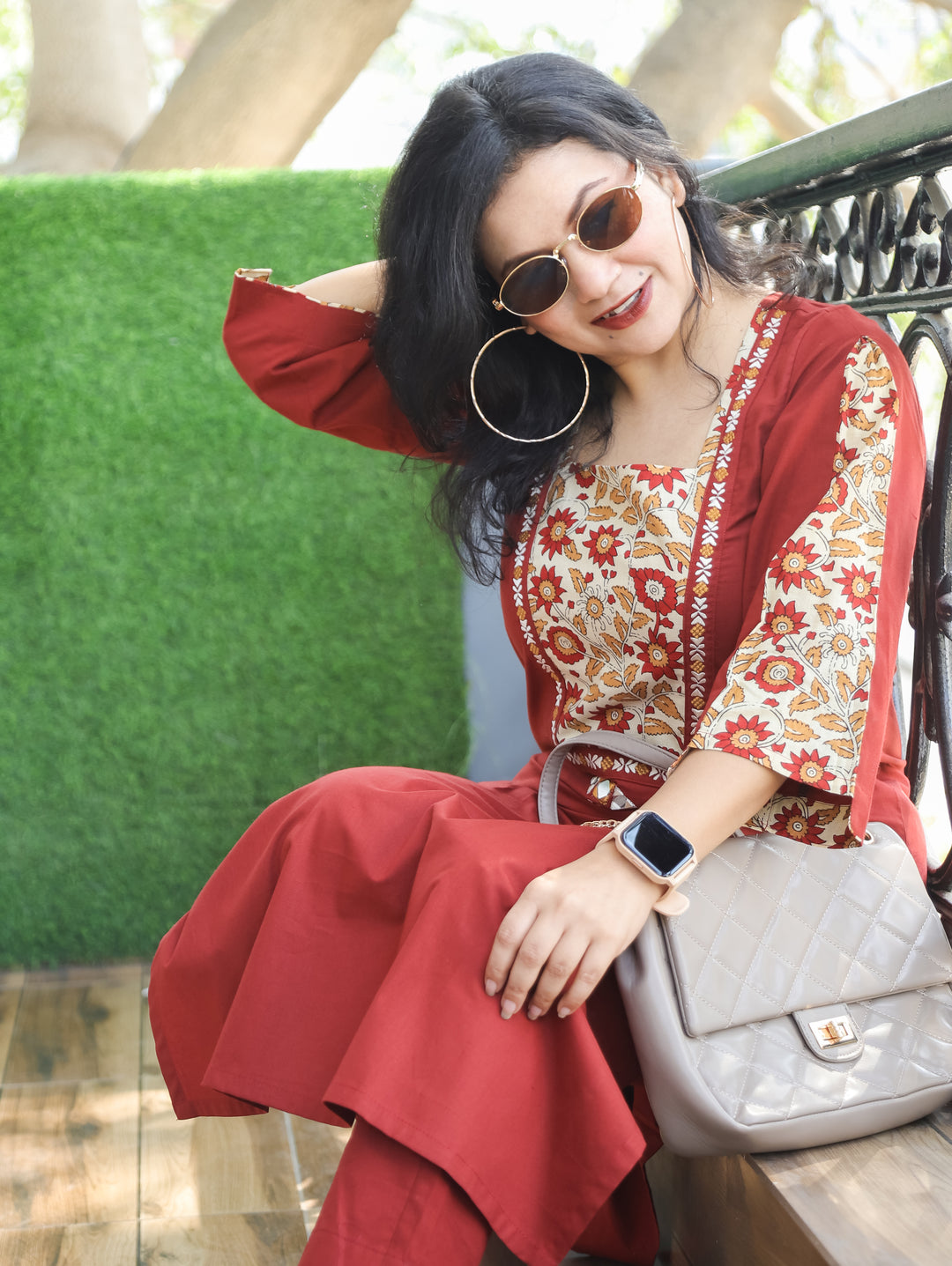 Payal Velvety Maroon with Kalamkari Printed Yoke and Mirror Work Cotton Kurti