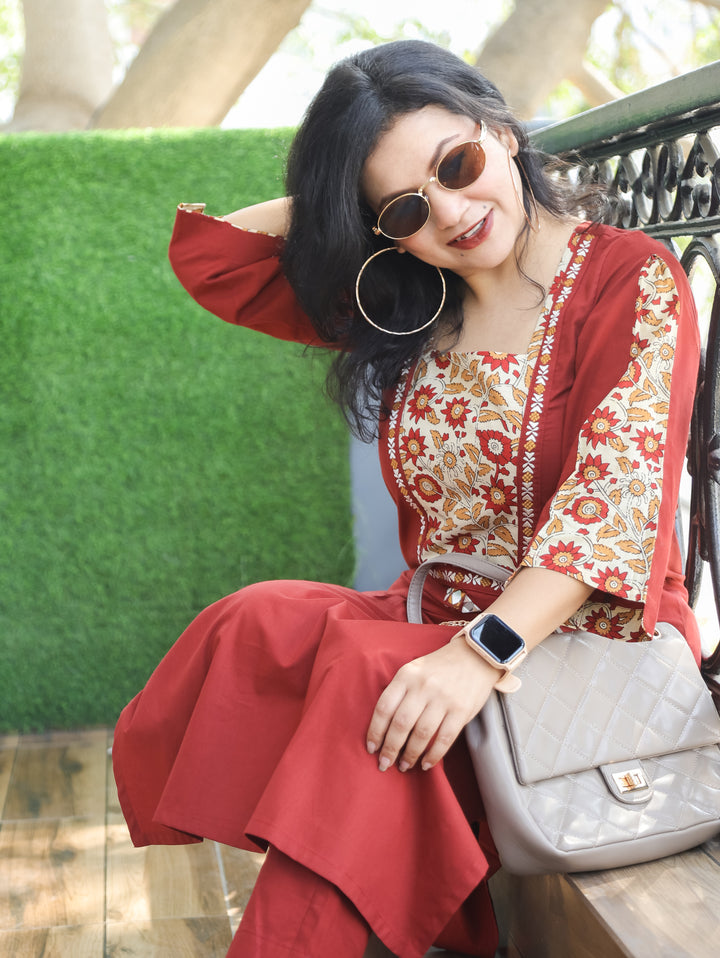 Payal Velvety Maroon with Kalamkari Printed Yoke and Mirror Work Cotton Kurti