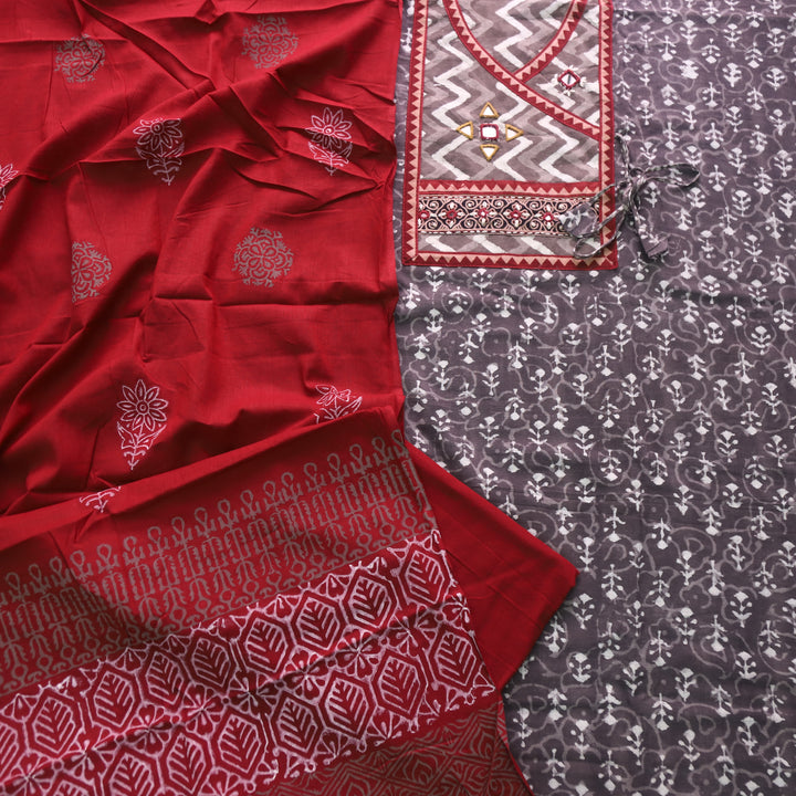 Khairiyat Tan Beige Angrakha Kutch Neck Work Cotton Suit Set D1