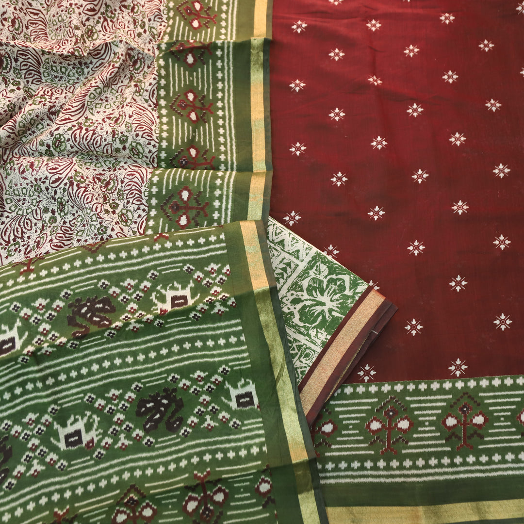 Saatvi Burgundy Maroon Ikkat Printed Hemline Mul Chanderi Set