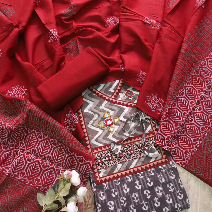 Khairiyat Tan Beige Angrakha Kutch Neck Work Cotton Suit Set D2
