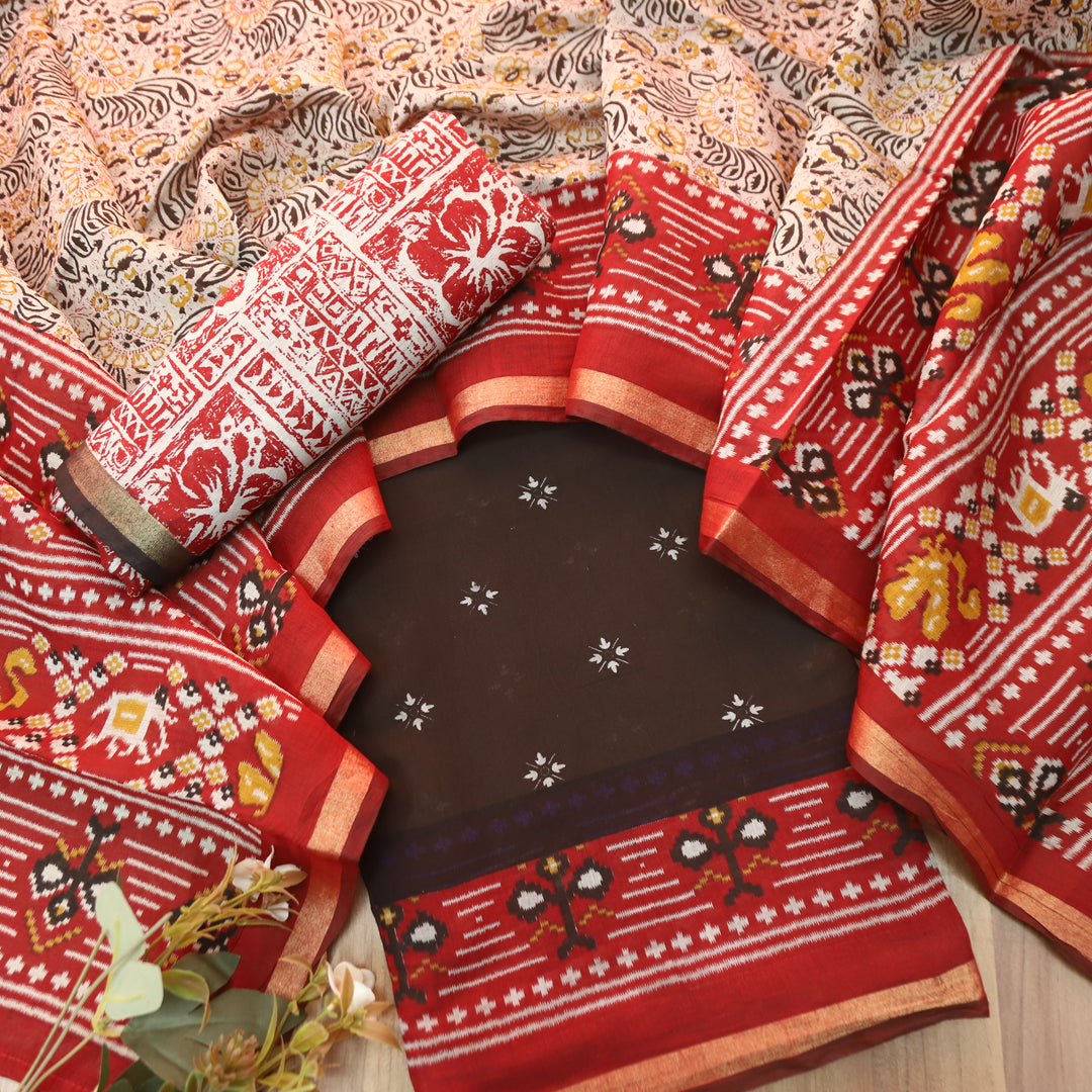 Saatvi Choco Brown Ikkat Printed Hemline Mul Chanderi Set