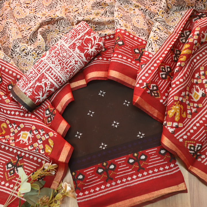 Saatvi Choco Brown Ikkat Printed Hemline Mul Chanderi Set