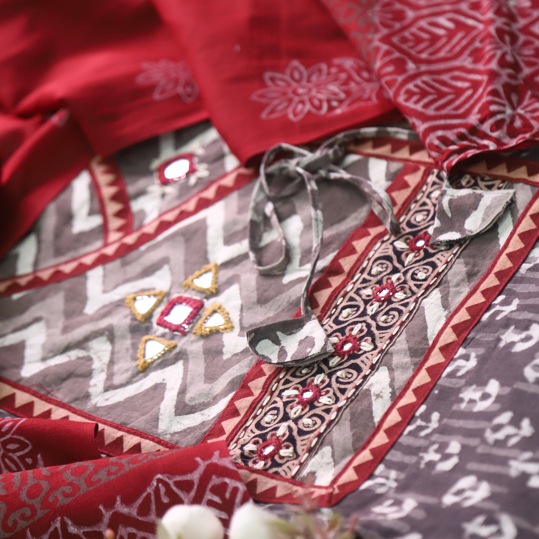 Khairiyat Tan Beige Angrakha Kutch Neck Work Cotton Suit Set D2