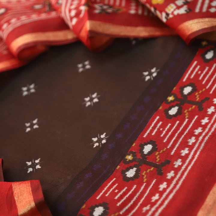 Saatvi Choco Brown Ikkat Printed Hemline Mul Chanderi Set