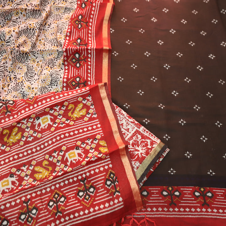 Saatvi Choco Brown Ikkat Printed Hemline Mul Chanderi Set
