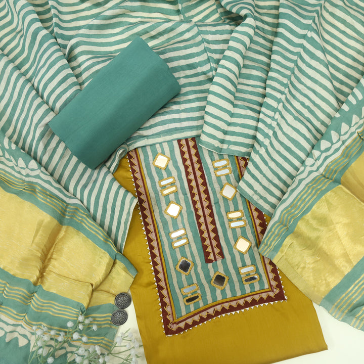 Farnaz Canary Yellow Mirror Work Cotton Top Suit with Gajji Silk Dupatta