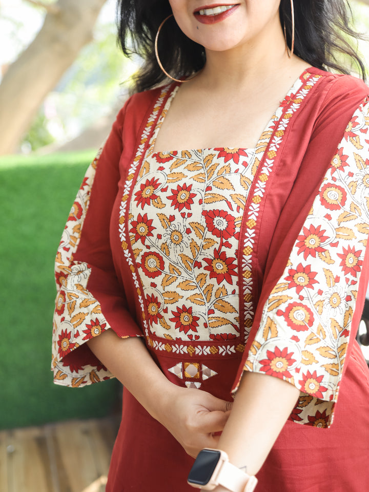 Payal Velvety Maroon with Kalamkari Printed Yoke and Mirror Work Cotton Kurti