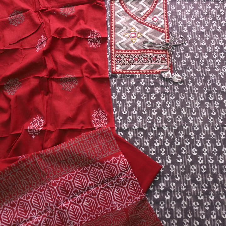 Khairiyat Tan Beige Angrakha Kutch Neck Work Cotton Suit Set D2