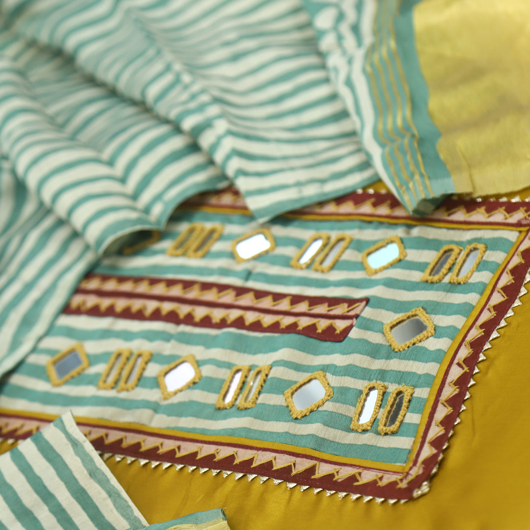 Farnaz Canary Yellow Mirror Work Cotton Top Suit with Gajji Silk Dupatta
