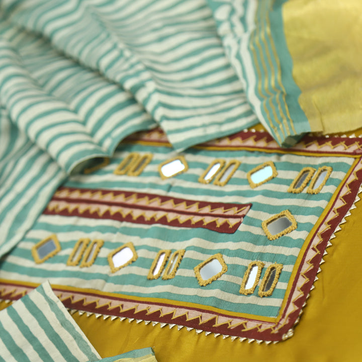 Farnaz Canary Yellow Mirror Work Cotton Top Suit with Gajji Silk Dupatta