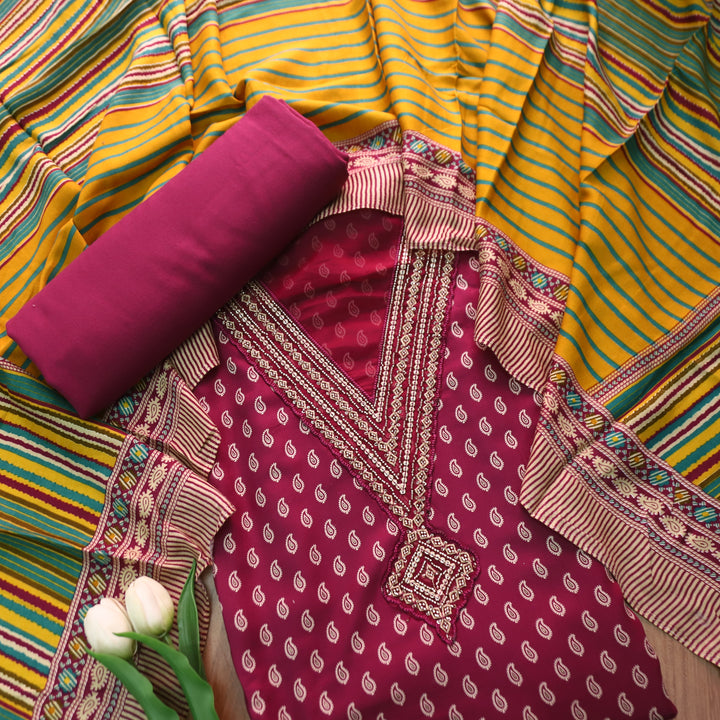 सरवरी Magenta Purple Embellished V Neckline Foil Work Semi Pashmina Winter Set