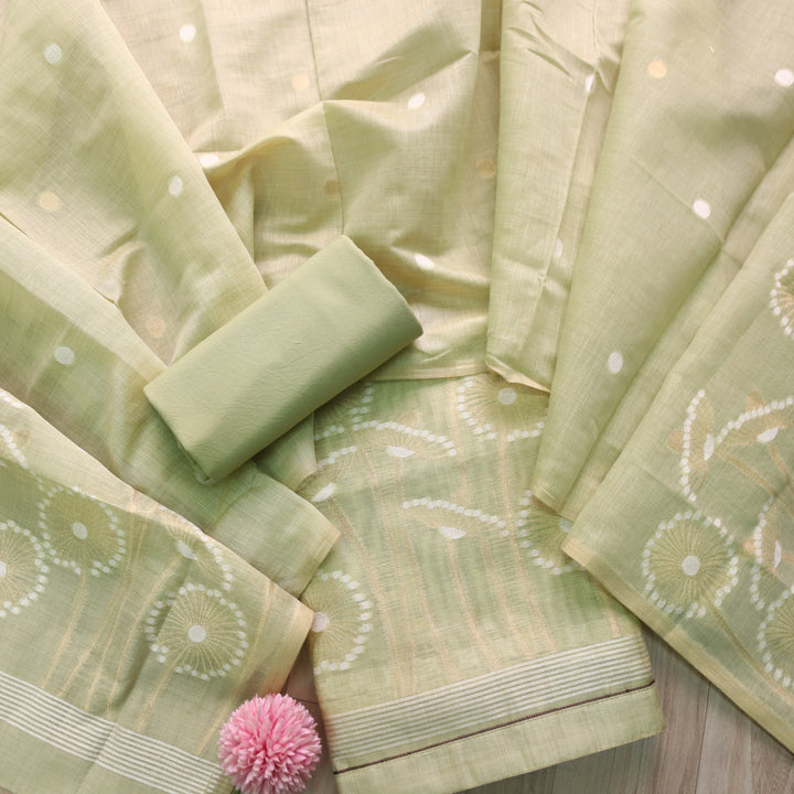 Rubaroo Mint Green All Over Floral Style Zari Weaved Jamdani Suit Set