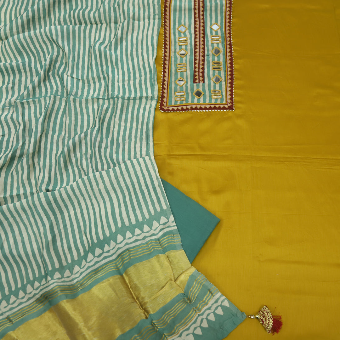 Farnaz Canary Yellow Mirror Work Cotton Top Suit with Gajji Silk Dupatta