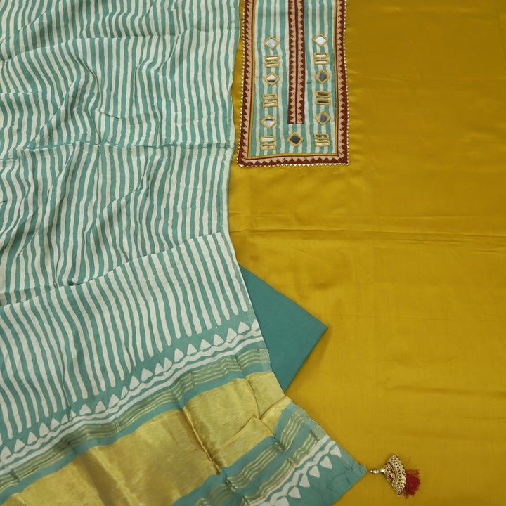 Farnaz Canary Yellow Mirror Work Cotton Top Suit with Gajji Silk Dupatta