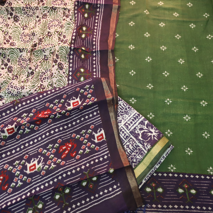 Saatvi Forest Green Ikkat Printed Hemline Mul Chanderi Set